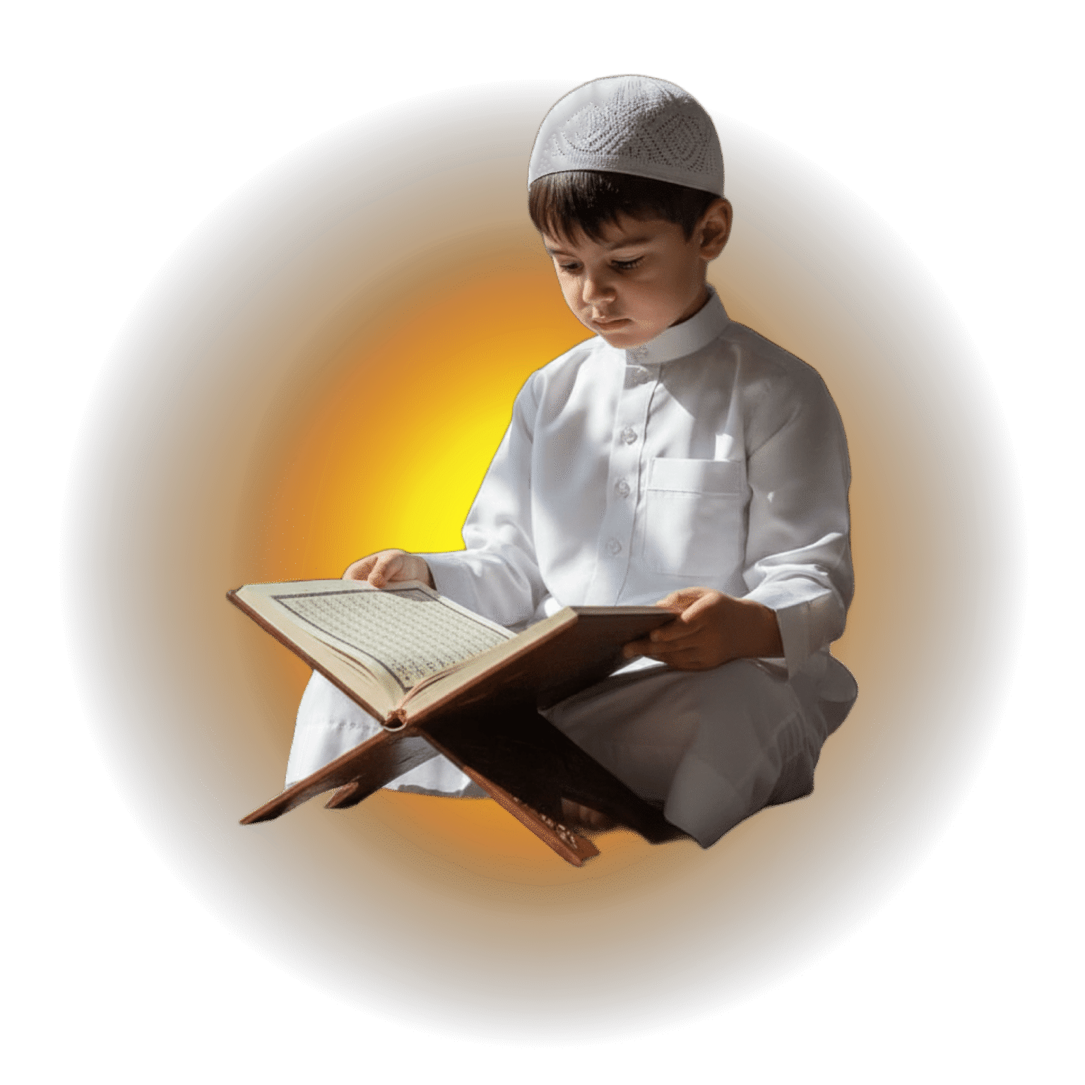 Serene illustration of a child in white reading the Quran, set against a soft neutral minimalist backdrop- The Quran Nest Online Academy