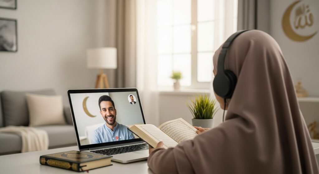 A young girl attending a one to one online Quran class with her tutor, demonstrating the personalized learning experience and the Benefits of Learning the Quran Online.