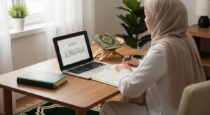 A realistic scene of an adult Muslim learner studying the Quran online on a laptop at a wooden desk, with a physical Quran beside them, illustrating the Benefits of Learning the Quran Online in a peaceful and comfortable home setting.