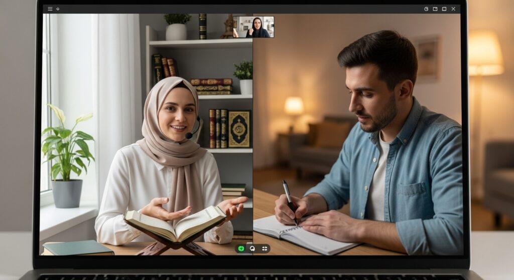 Adult learner attending a Quran online class with regular assessments at The Quran Nest, tracking progress and understanding Quranic verses